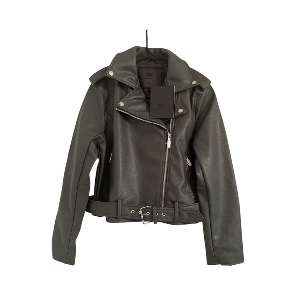 Culture Couture Women’s Gray Faux Leather Moto Biker Jacket – Size Large